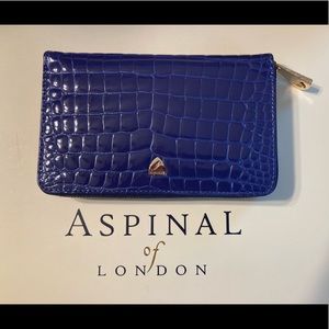 Aspinal of London Midi Continental Purse in Bluebell Patent Croc